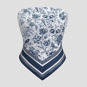 SHEIN Blue and White Floral Tube Top